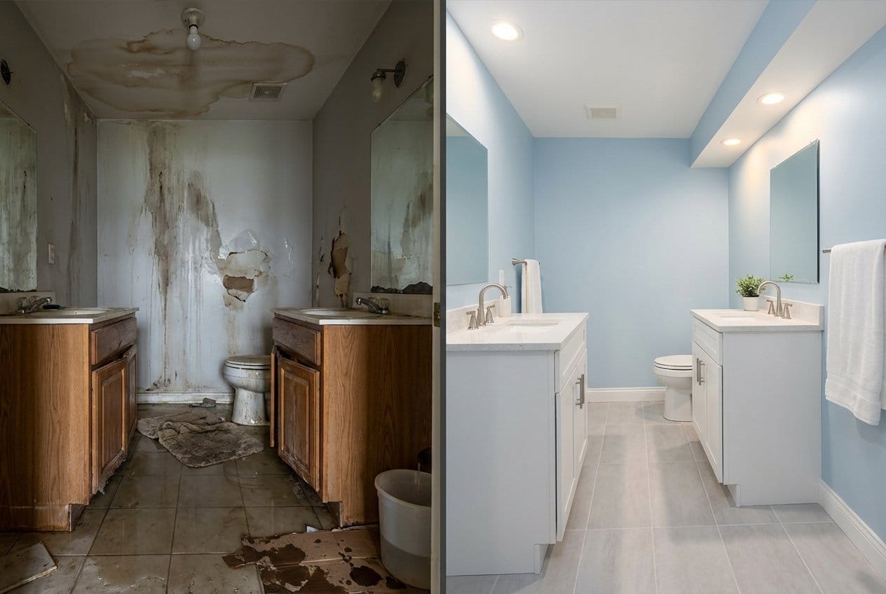 Before and after water damage restoration in Cresskill split-level home bathroom