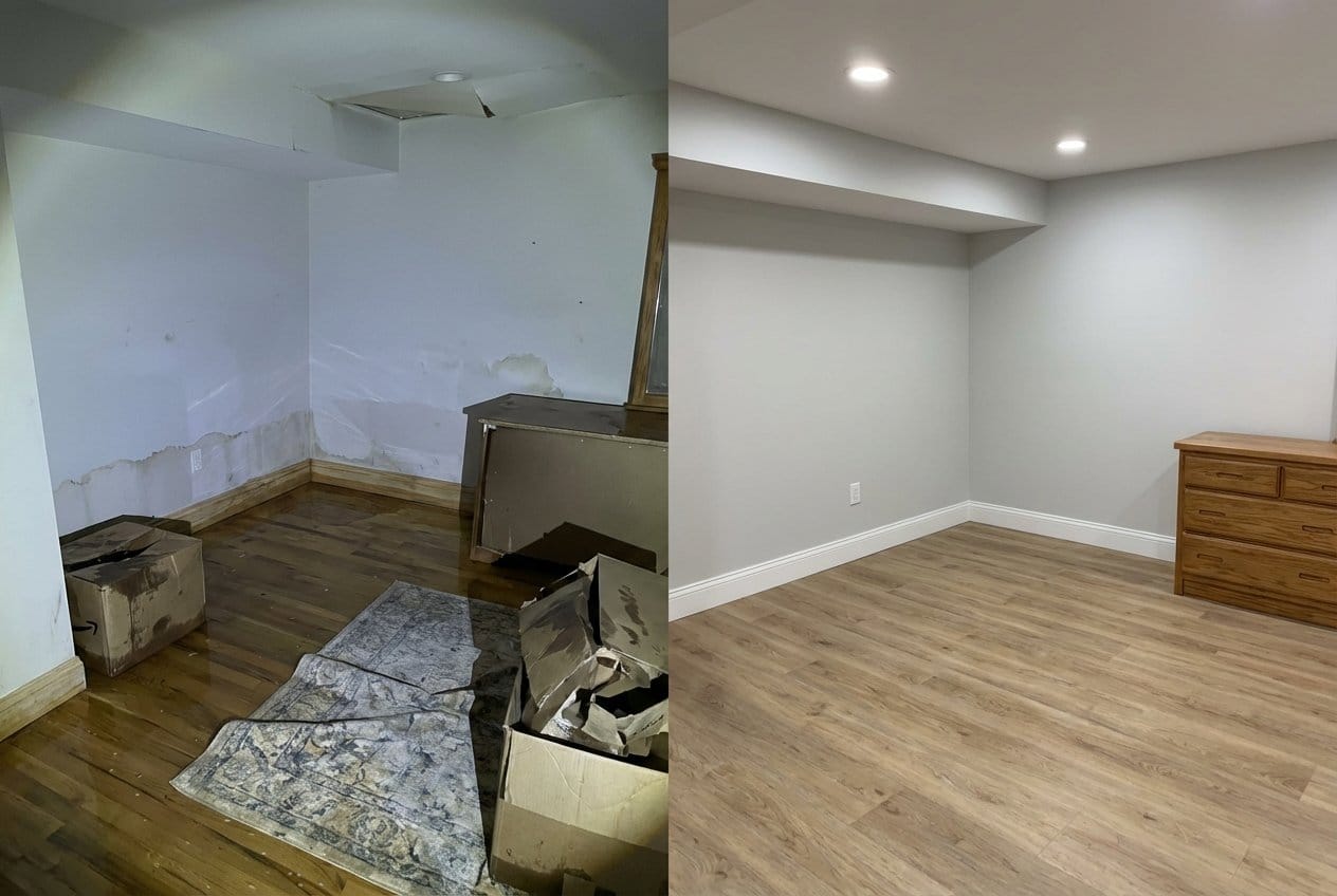 Before and after emergency water removal in Cresskill two-story residence bedroom