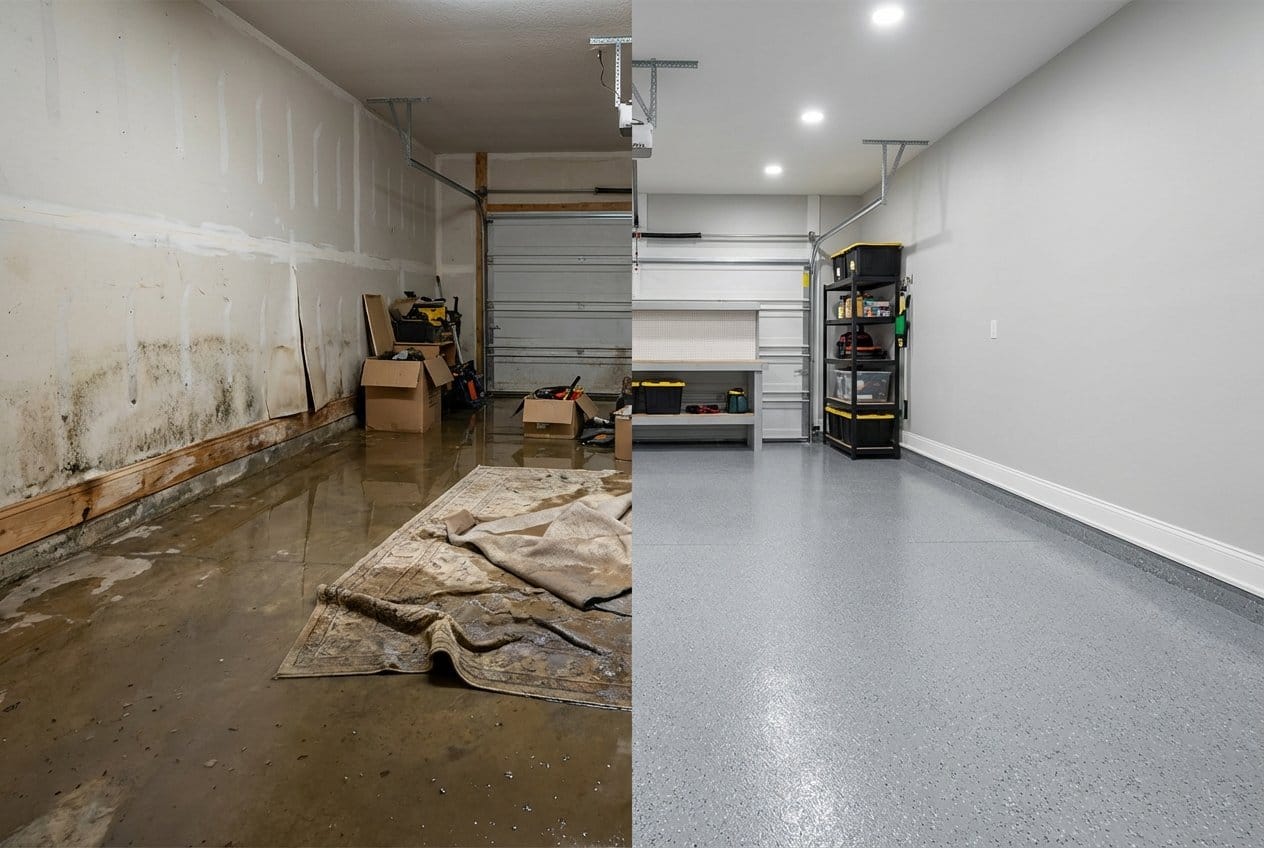 Basement Flood Cleanup before and after in garage, Cresskill NJ