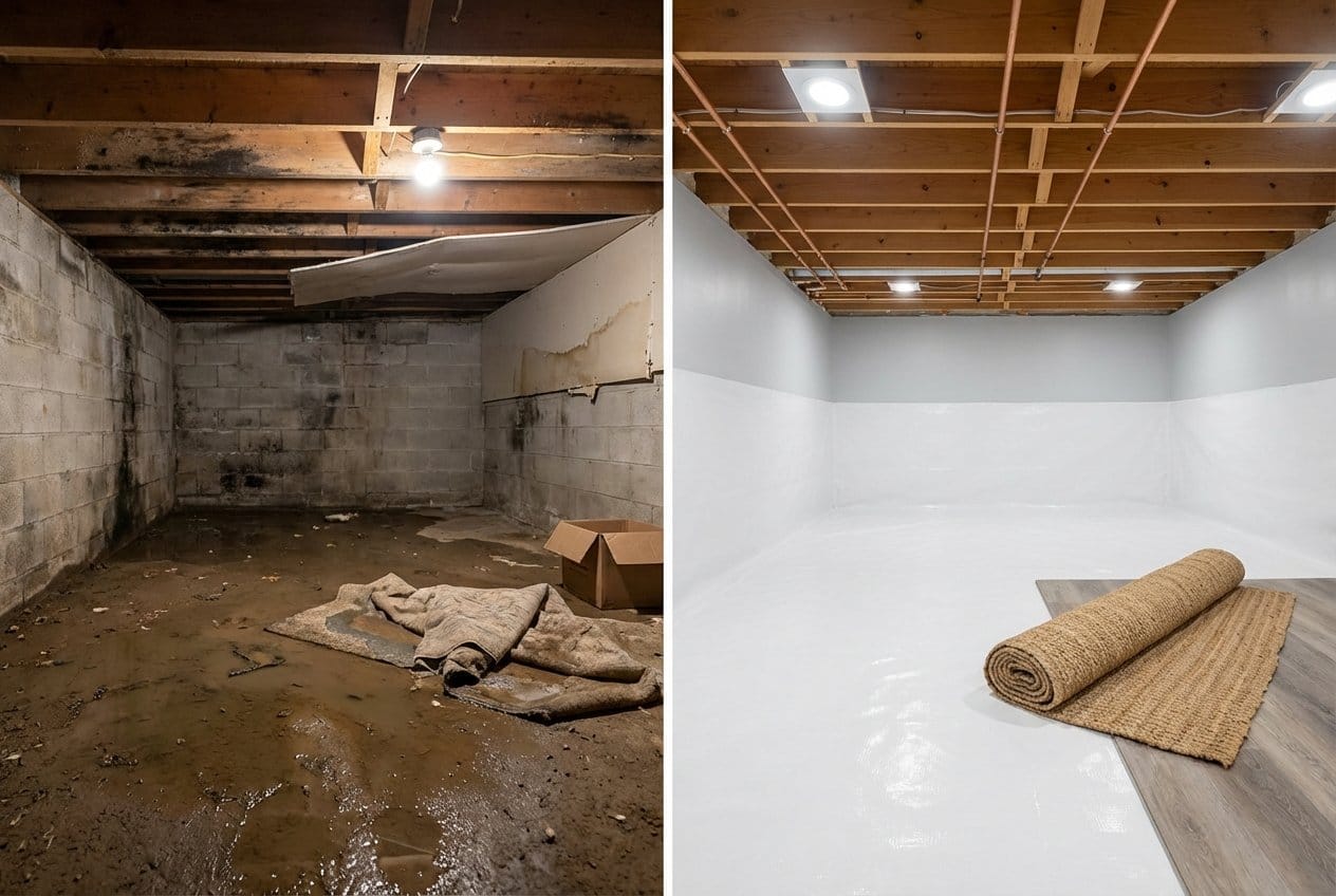 Basement Flood Cleanup restoration — crawl space of multi-family property in Cresskill, NJ