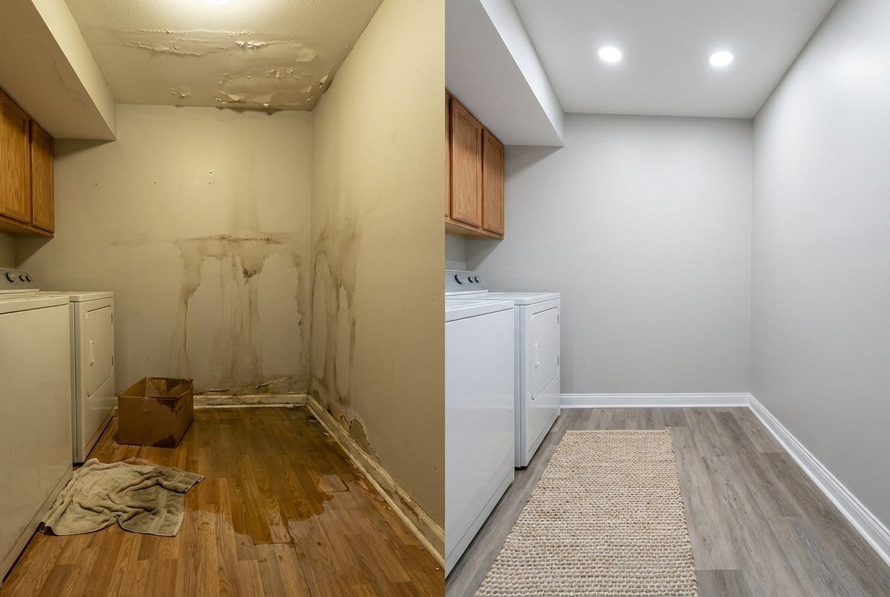 Burst Pipe & Plumbing Leak Damage restoration β laundry room of contemporary home in Cresskill, NJ