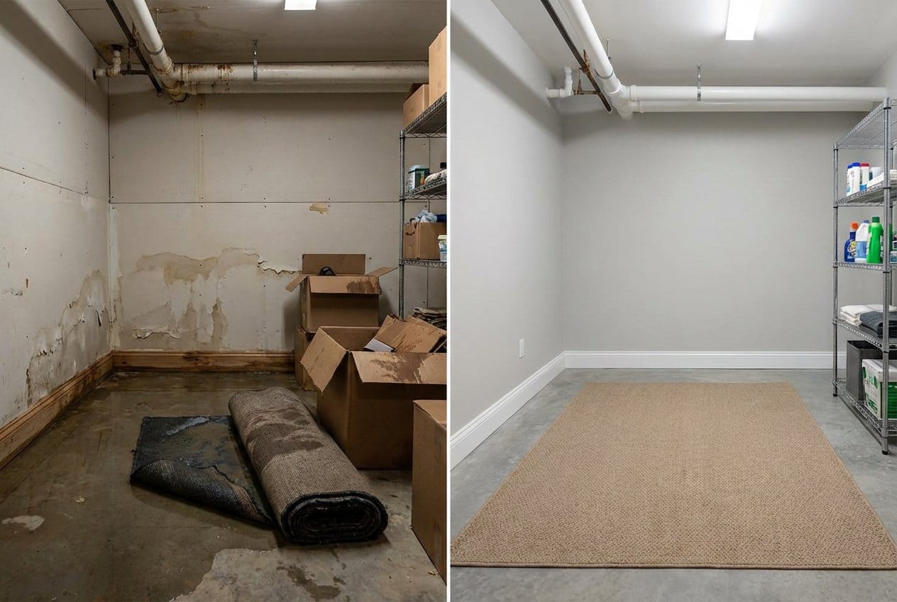 Storm & Roof Leak Water Damage restoration — utility room of split-level home in Cresskill, NJ