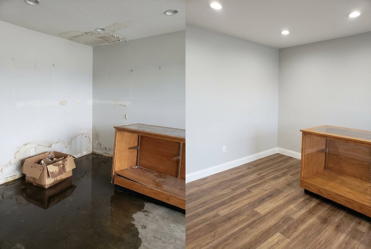 Before and after storm & roof leak water damage in Cresskill Cape Cod house storefront interior