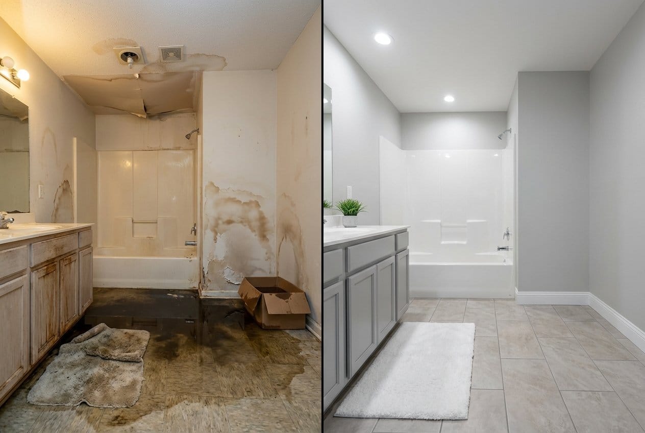 Before and after sewage backup cleanup in Cresskill private residence bathroom