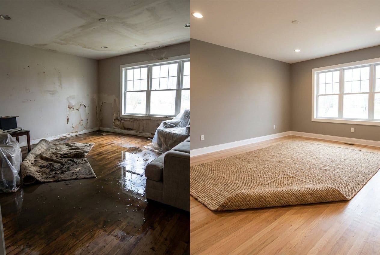 Structural Drying & Dehumidification before and after in living room, Cresskill NJ