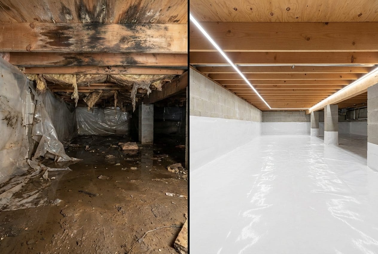 Carpet & Flooring Water Damage Cleanup restoration — crawl space of bungalow in Cresskill, NJ