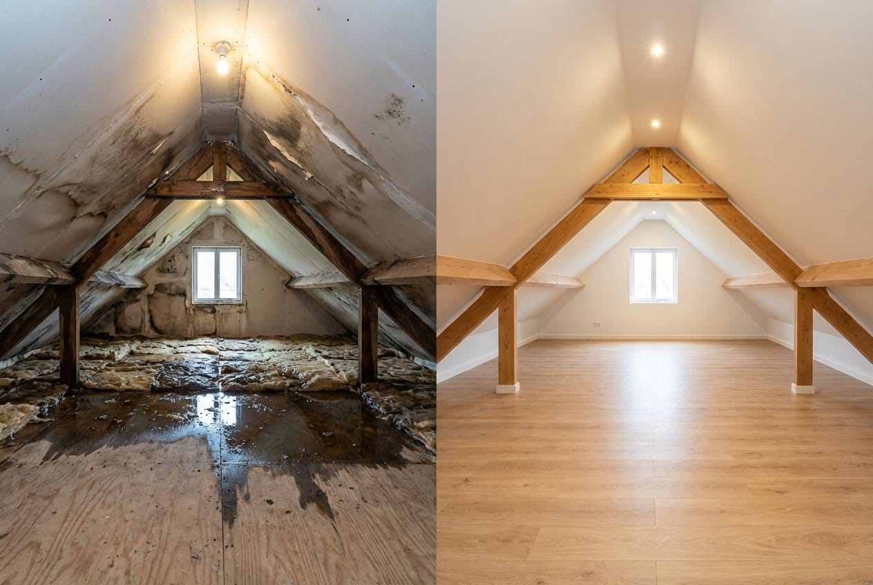 Before and after carpet & flooring water damage cleanup in Cresskill single-family home attic space