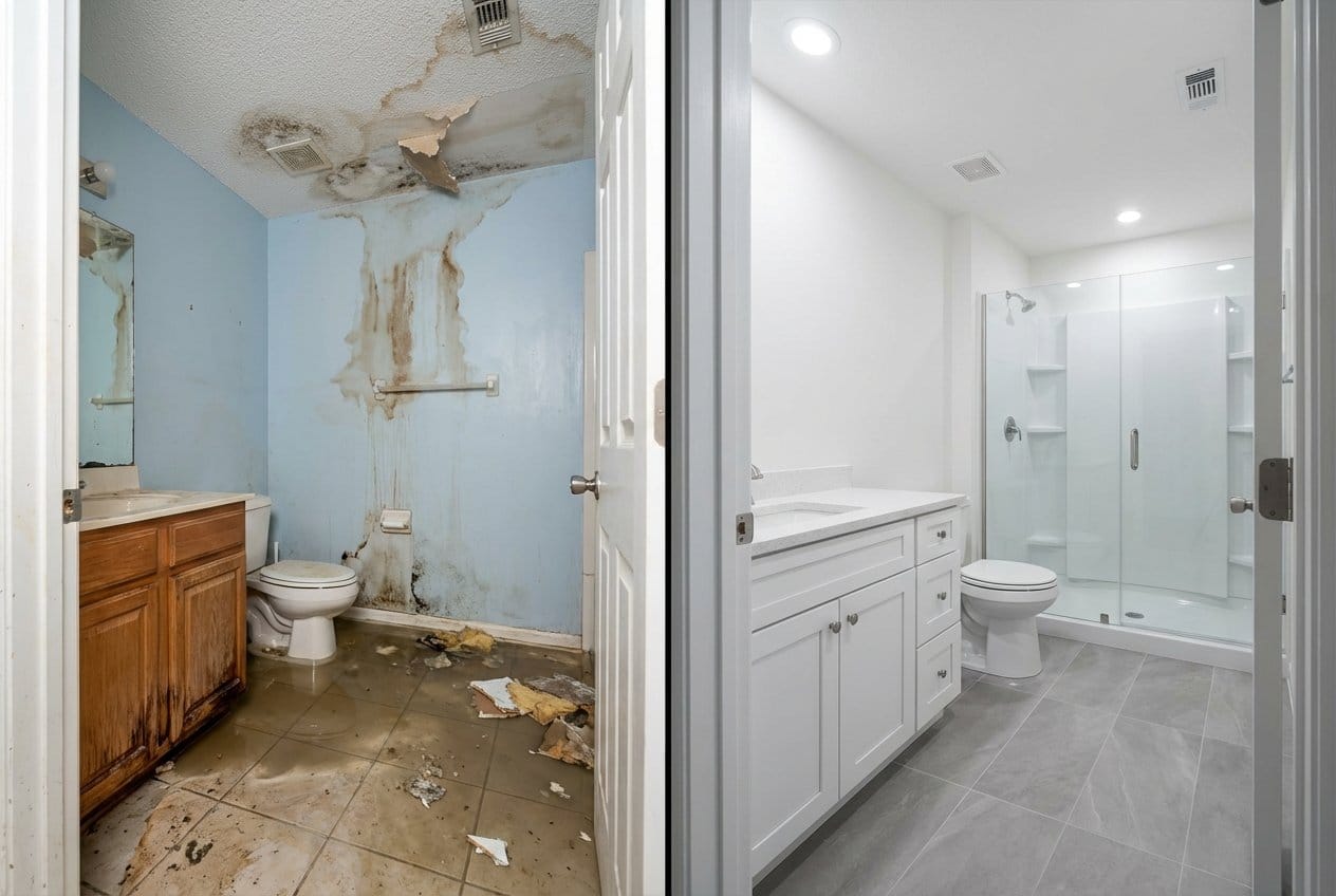 Before and after mold prevention after water damage in Cresskill Victorian home bathroom