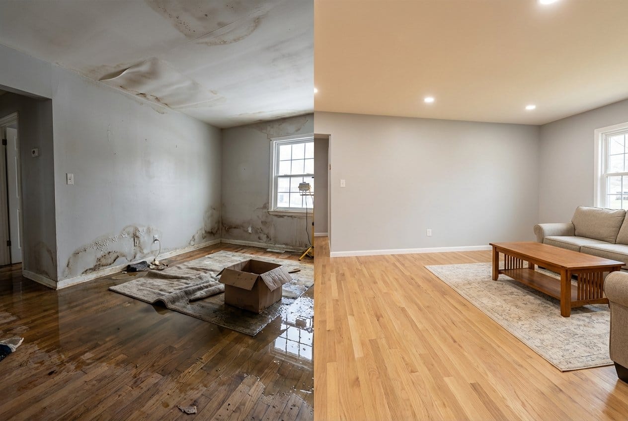Cresskill Water Damage Restoration living room restoration before and after in Cresskill